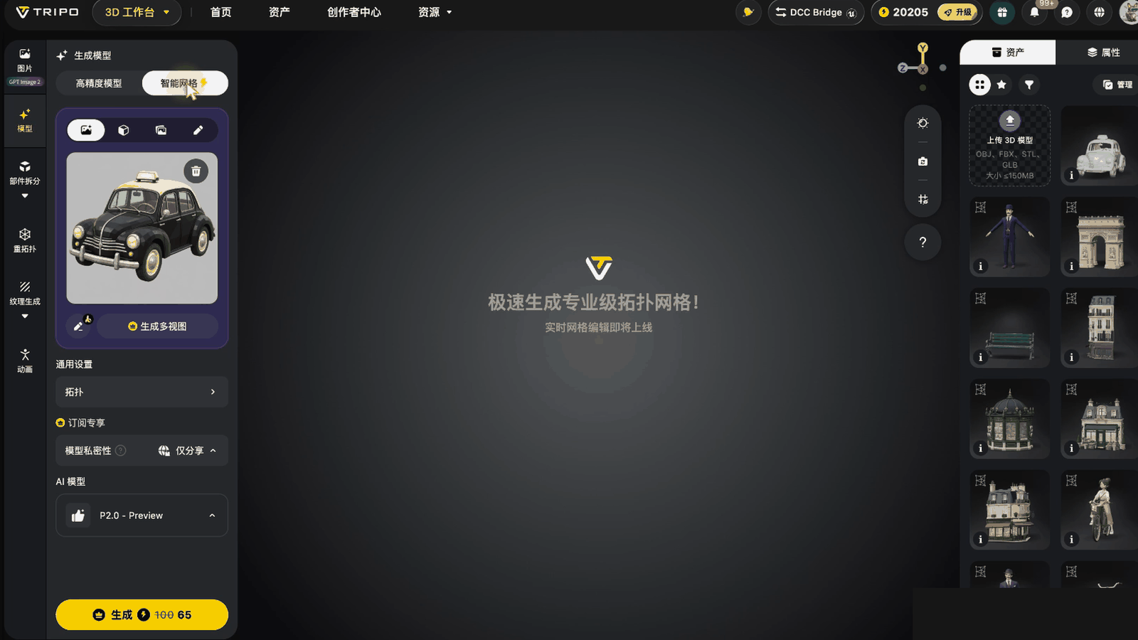 Tripo Studio生成表单切到智能网格，AI模型P2.0-Preview，底部按钮写着生成100划掉65，顶栏余额20205