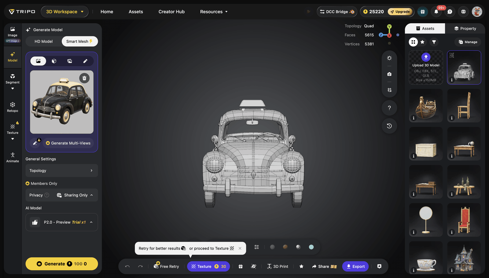 Smart Mesh P2.0 生成的出租车灰模，四边面线框清晰可见