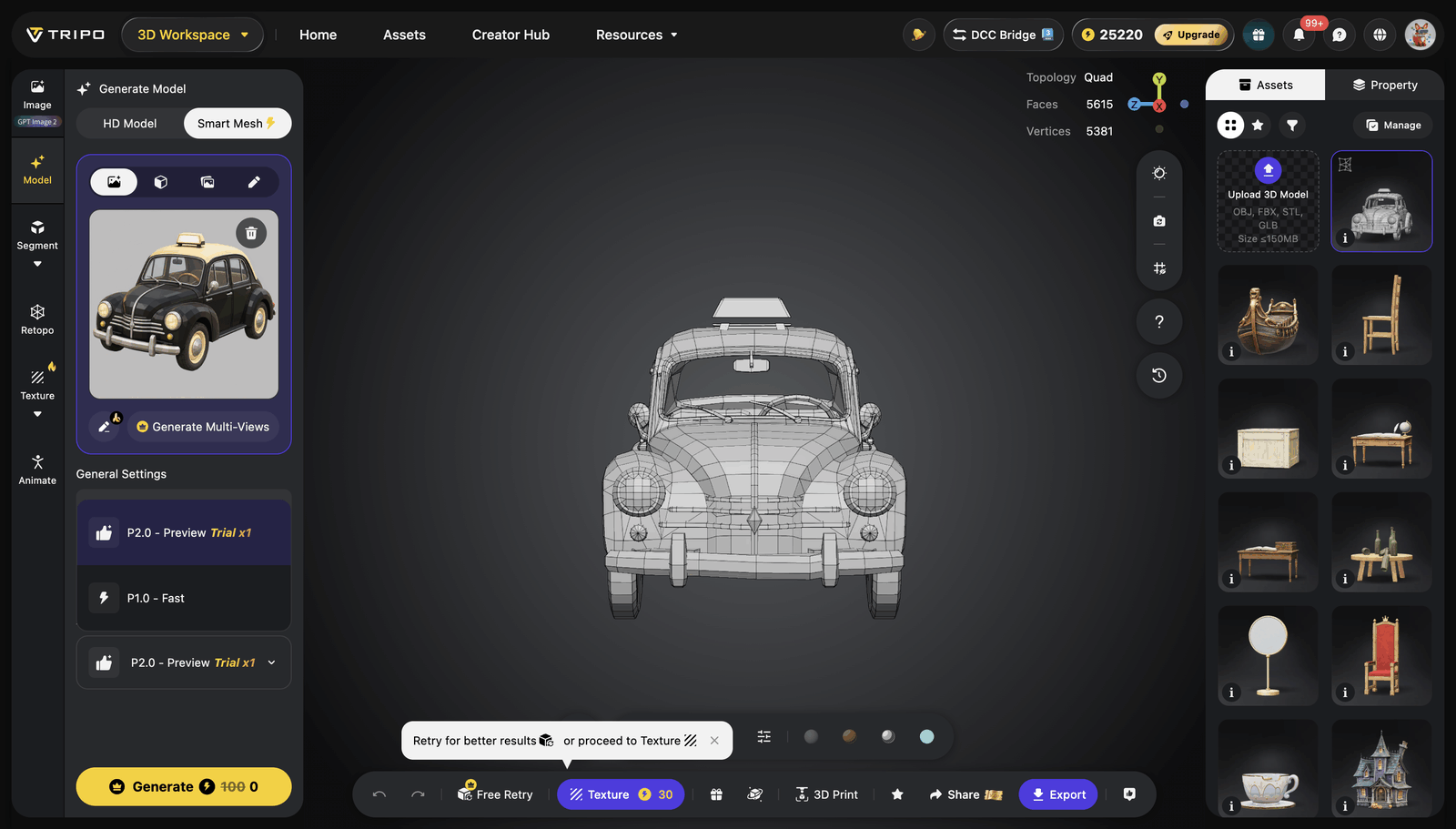 Smart Mesh 模式下 AI Model 下拉展开，P2.0 - Preview 与 P1.0 - Fast 两项